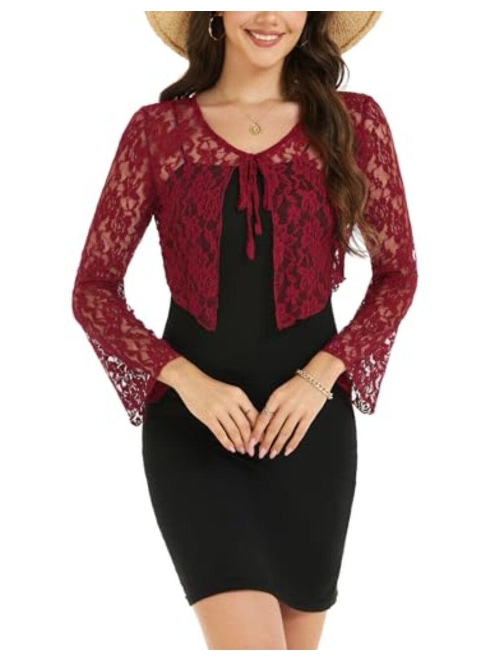 Sheer Mesh Bolero Shrug with Front Tie Long Sleeve Lightweight Nylon Spandex